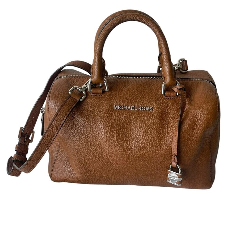 Michael Kors Mercer brown Pebbled Leather Duffle Zipper Closure Satchel Bag